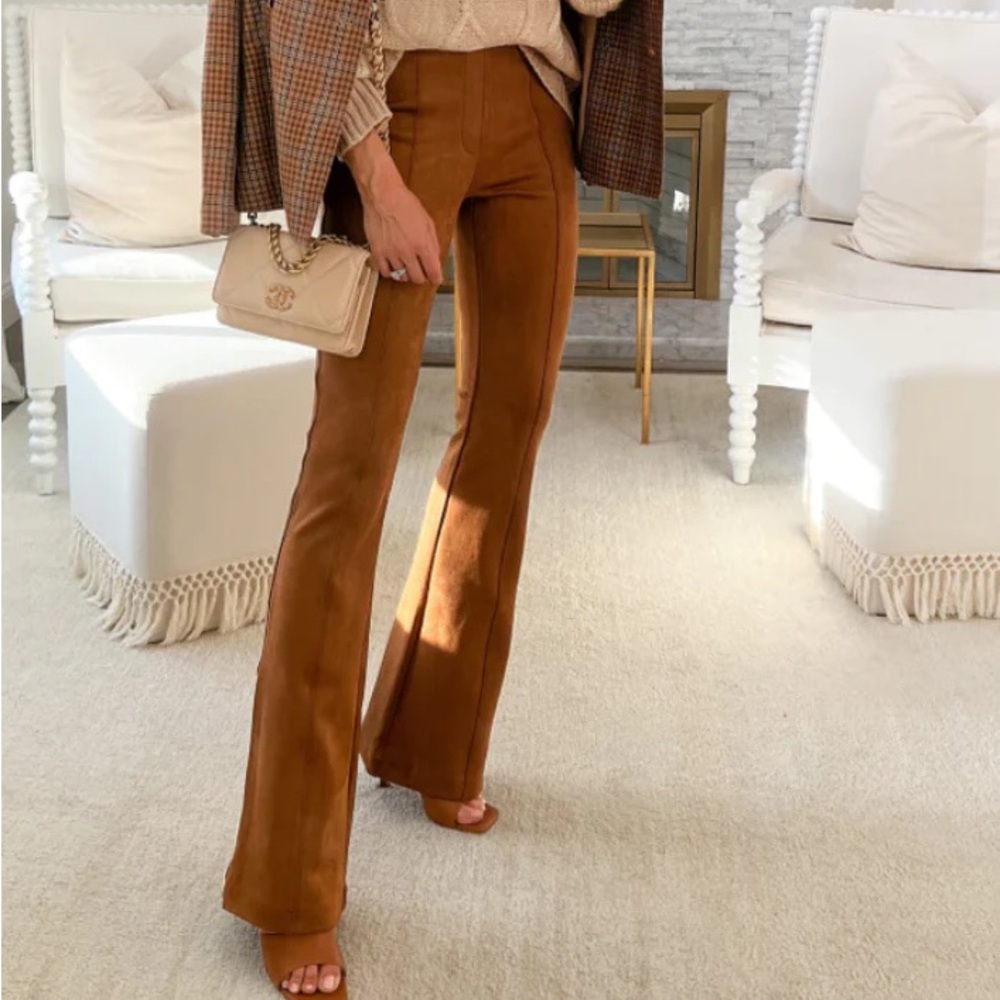 Spanx flare pants - rich caramel color and faux suede material
